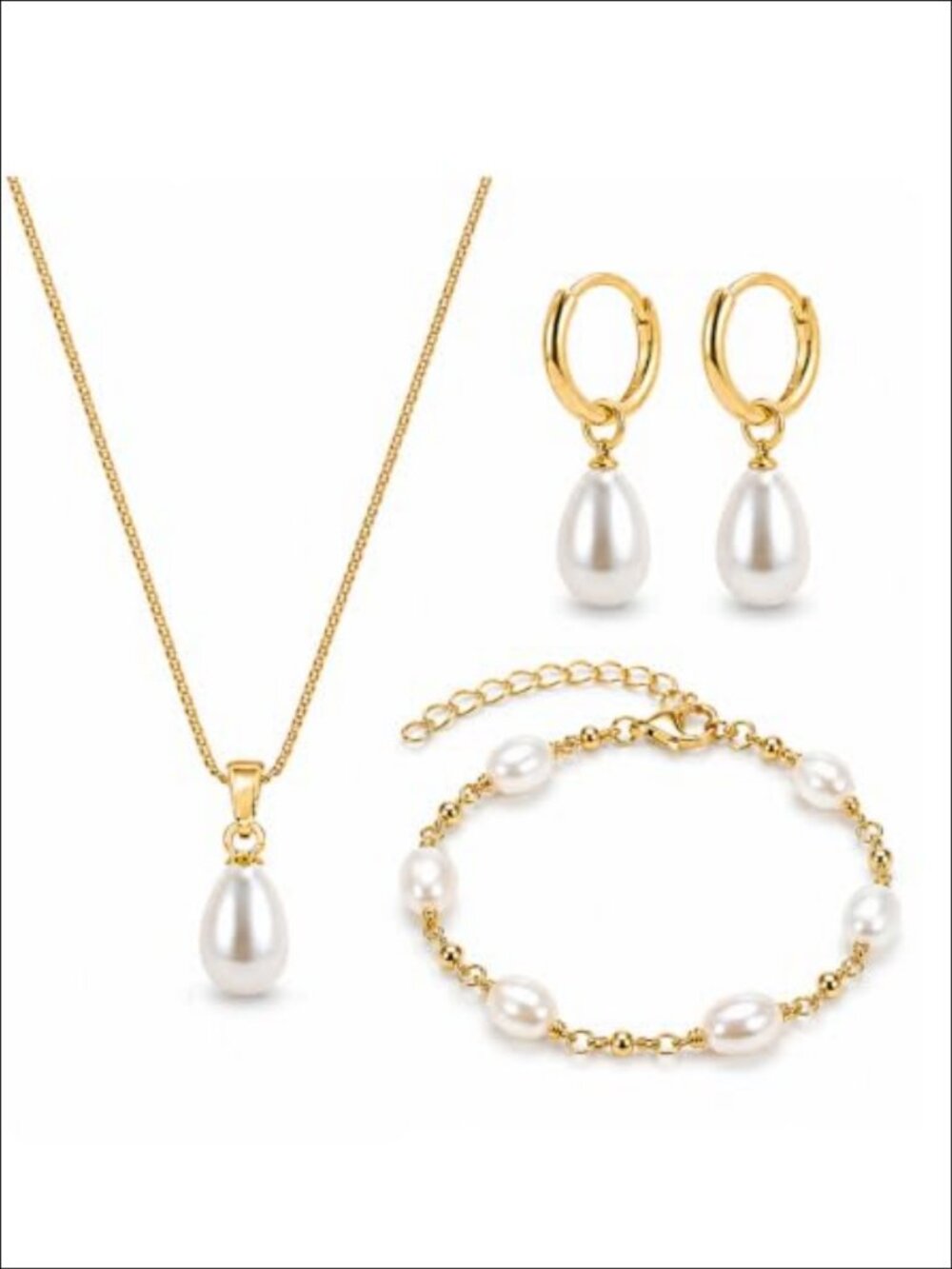 14K Gold Plated Pearl Jewelry Set Necklace Earrings Bracelet